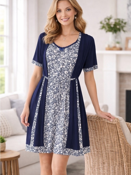 Ellen Tracy Other - Ellen Tracy 3pc Pajama Set S Navy Floral Nightgown Robe Belt